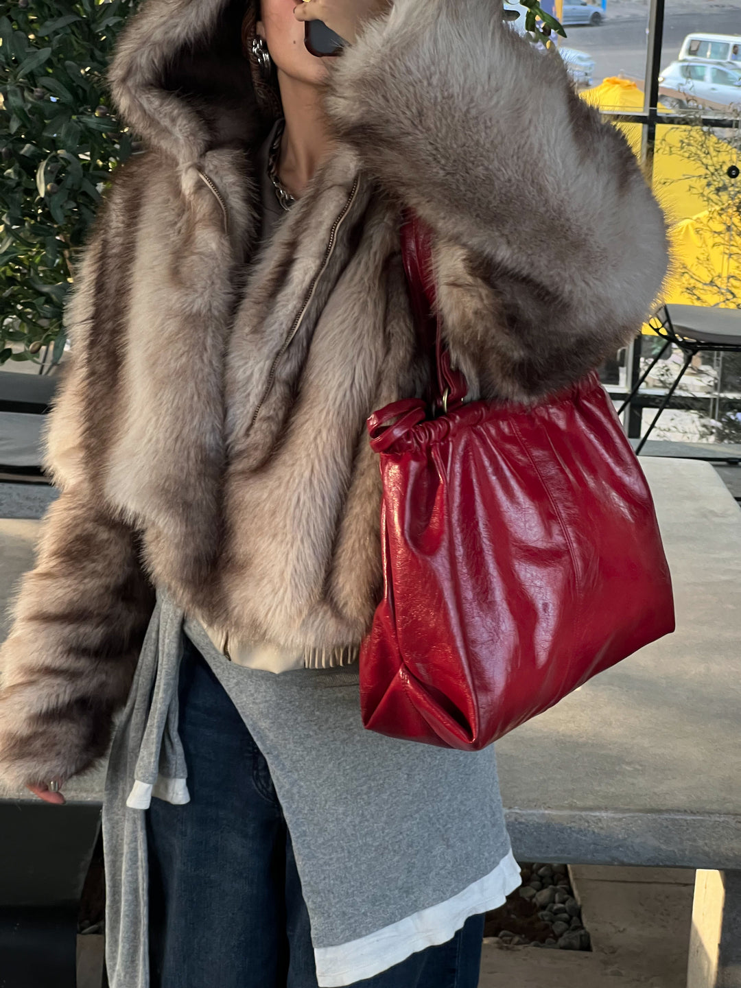 SCRUNCH LEATHER BAG -Red