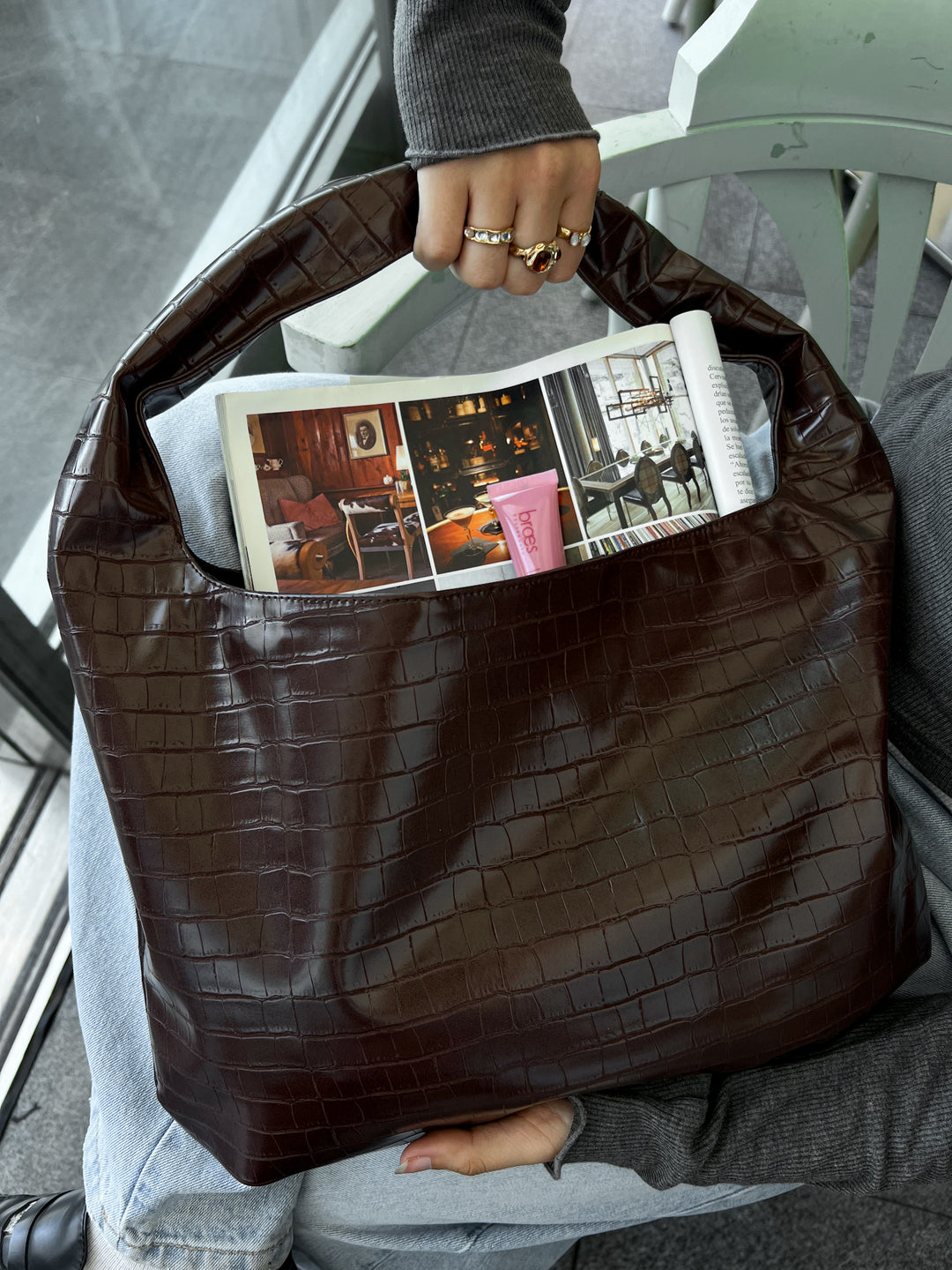 CROCO LEATHER BAG -Brown